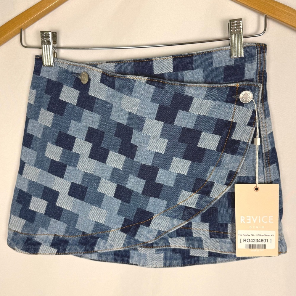 Revice Denim The Fairfax Skirt Chloe Wash Patchwork Micro Mini XS NWT Indie